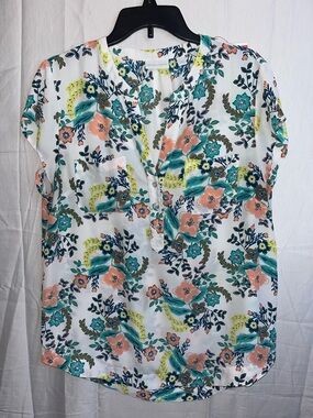 New York & Company White Floral Henley Top with Coral & Teal Accents